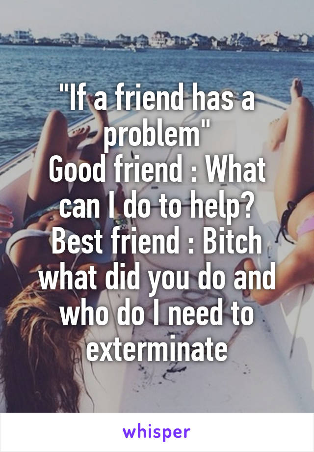 "If a friend has a problem"
Good friend : What can I do to help?
Best friend : Bitch what did you do and who do I need to exterminate