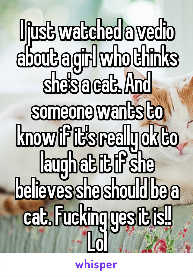I just watched a vedio about a girl who thinks she's a cat. And someone wants to know if it's really ok to laugh at it if she believes she should be a cat. Fucking yes it is!! Lol