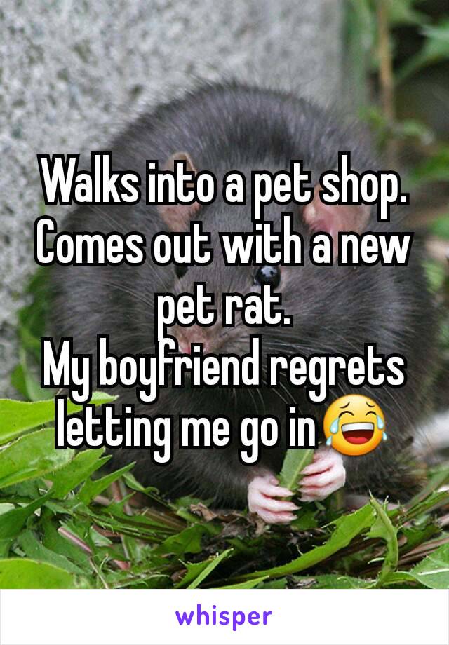 Walks into a pet shop.
Comes out with a new pet rat.
My boyfriend regrets letting me go in😂