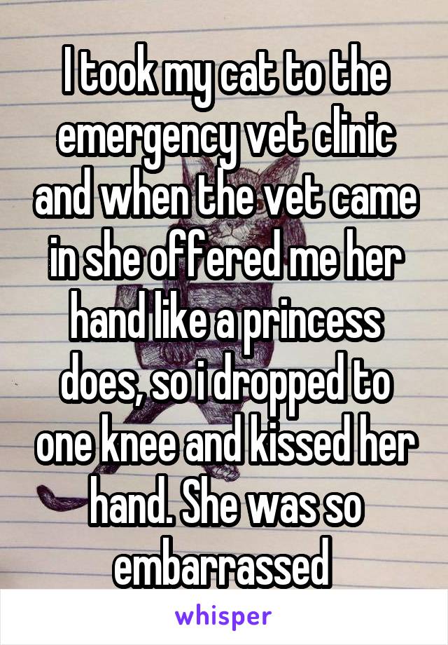 I took my cat to the emergency vet clinic and when the vet came in she offered me her hand like a princess does, so i dropped to one knee and kissed her hand. She was so embarrassed 