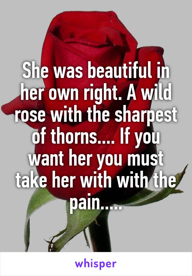 She was beautiful in her own right. A wild rose with the sharpest of thorns.... If you want her you must take her with with the pain.....