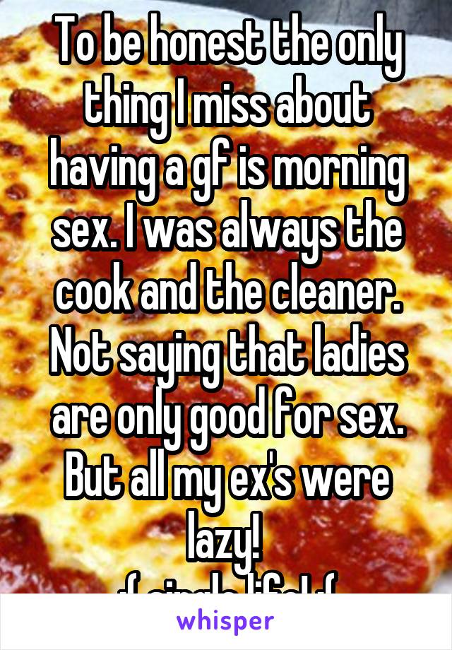 To be honest the only thing I miss about having a gf is morning sex. I was always the cook and the cleaner. Not saying that ladies are only good for sex. But all my ex's were lazy! 
:( single life! :(