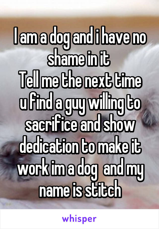 I am a dog and i have no shame in it 
Tell me the next time u find a guy willing to sacrifice and show dedication to make it work im a dog  and my name is stitch