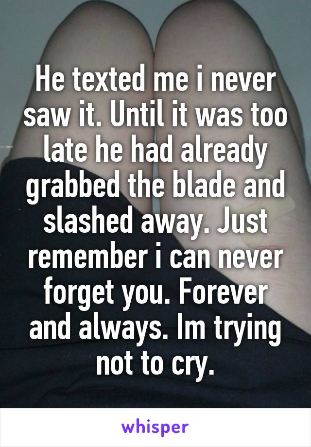 He texted me i never saw it. Until it was too late he had already grabbed the blade and slashed away. Just remember i can never forget you. Forever and always. Im trying not to cry.