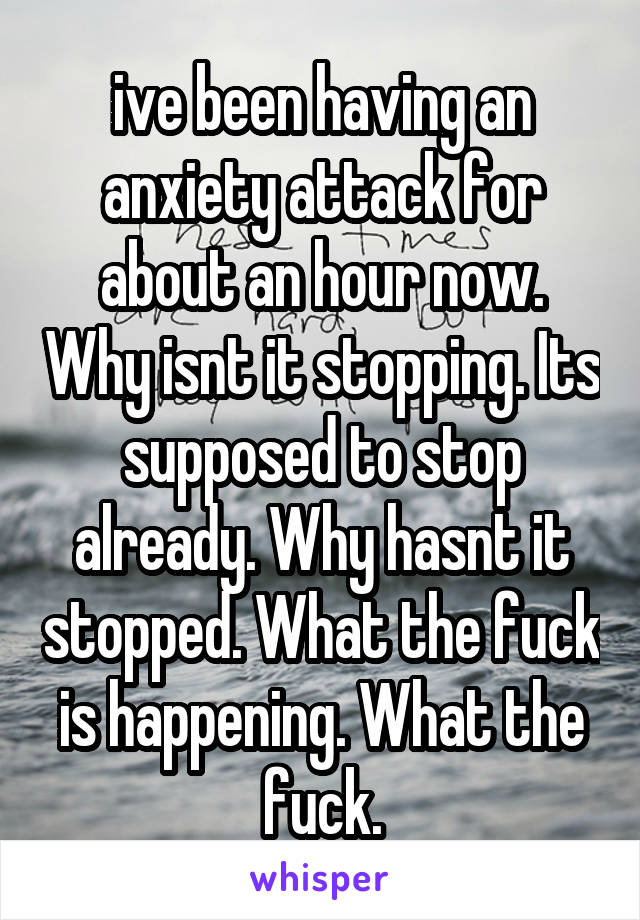 ive been having an anxiety attack for about an hour now. Why isnt it stopping. Its supposed to stop already. Why hasnt it stopped. What the fuck is happening. What the fuck.