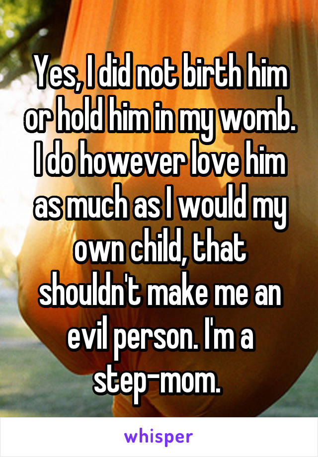 Yes, I did not birth him or hold him in my womb. I do however love him as much as I would my own child, that shouldn't make me an evil person. I'm a step-mom. 