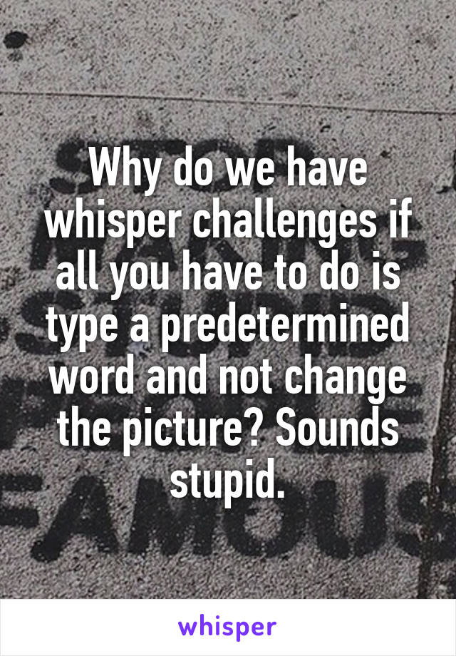 Why do we have whisper challenges if all you have to do is type a predetermined word and not change the picture? Sounds stupid.