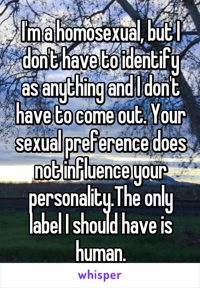 I'm a homosexual, but I don't have to identify as anything and I don't have to come out. Your sexual preference does not influence your personality.The only label I should have is human.