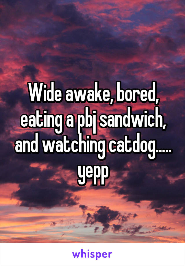 Wide awake, bored, eating a pbj sandwich, and watching catdog..... yepp