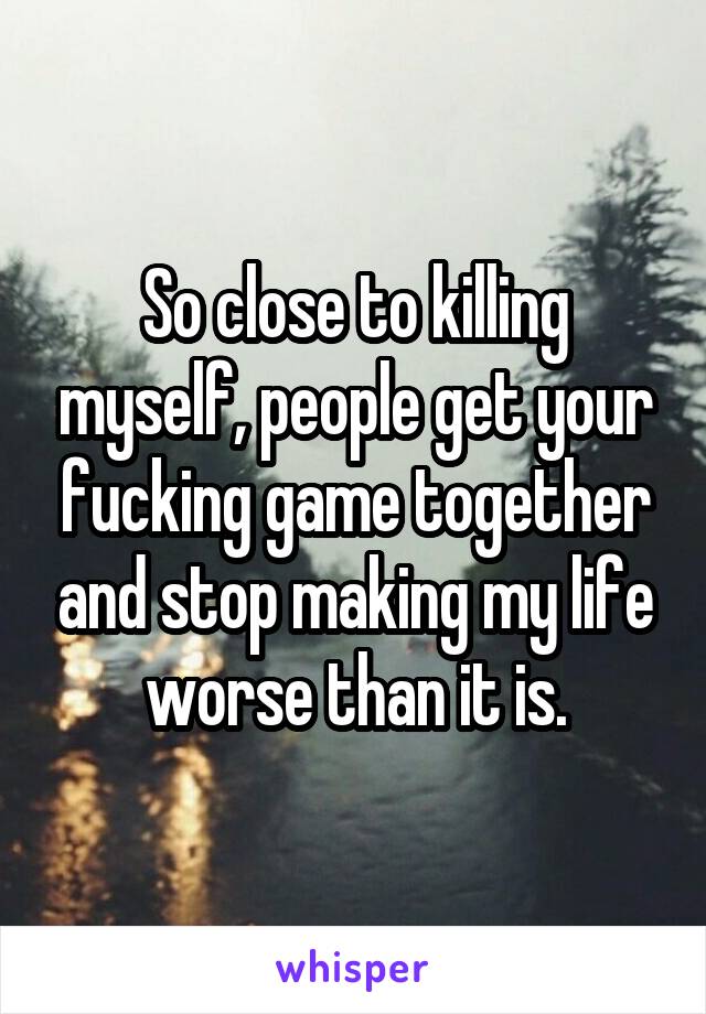 So close to killing myself, people get your fucking game together and stop making my life worse than it is.