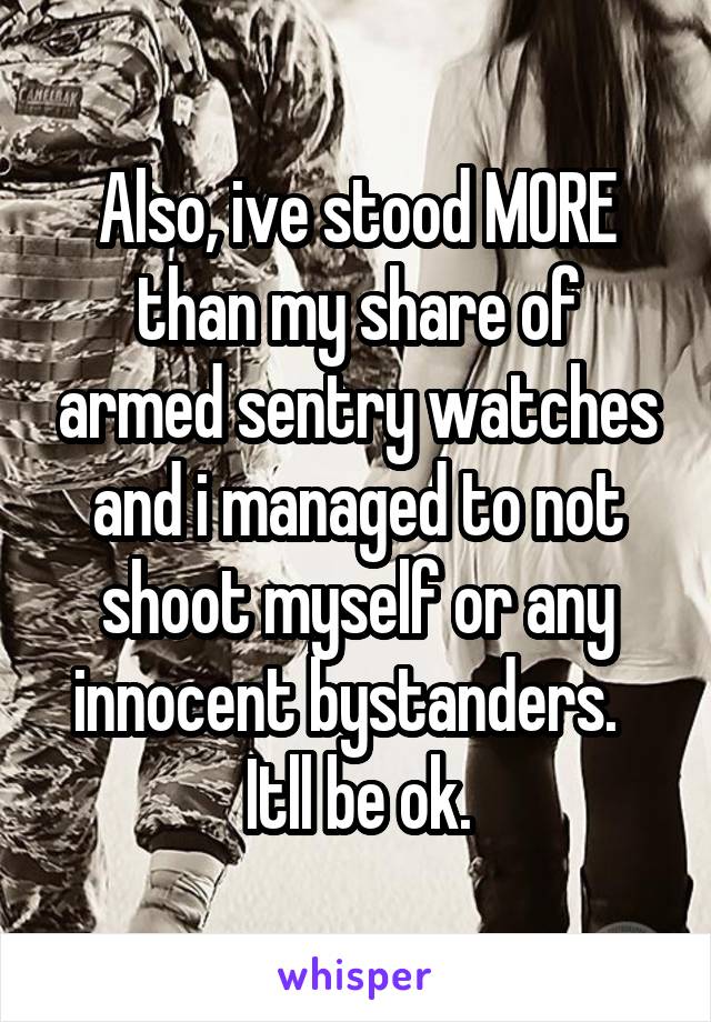 Also, ive stood MORE than my share of armed sentry watches and i managed to not shoot myself or any innocent bystanders.  
Itll be ok.