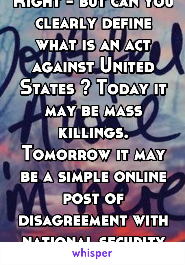 Right - but can you clearly define what is an act against United States ? Today it may be mass killings. Tomorrow it may be a simple online post of disagreement with national security issue. 