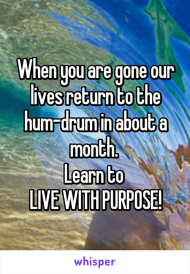 When you are gone our lives return to the hum-drum in about a month. 
Learn to 
LIVE WITH PURPOSE!