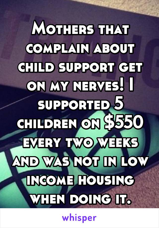 Mothers that complain about child support get on my nerves! I supported 5 children on $550 every two weeks and was not in low income housing when doing it.