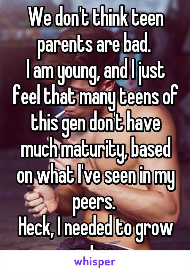 We don't think teen parents are bad. 
I am young, and I just feel that many teens of this gen don't have much maturity, based on what I've seen in my peers. 
Heck, I needed to grow up too. 