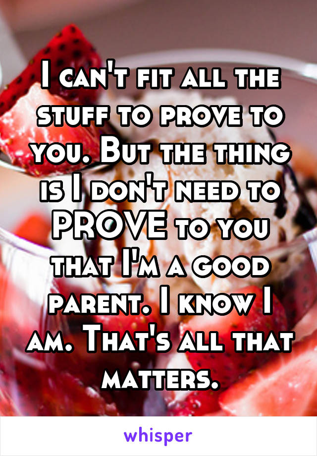 I can't fit all the stuff to prove to you. But the thing is I don't need to PROVE to you that I'm a good parent. I know I am. That's all that matters.