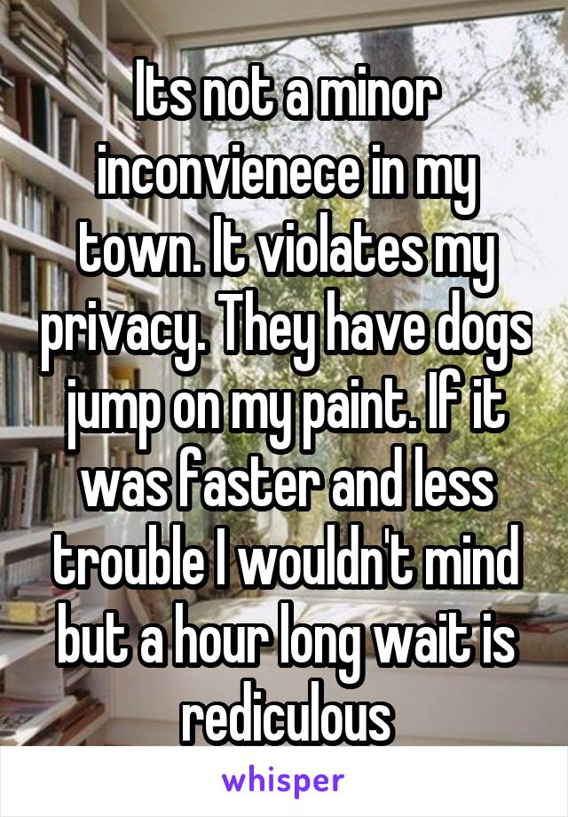 Its not a minor inconvienece in my town. It violates my privacy. They have dogs jump on my paint. If it was faster and less trouble I wouldn't mind but a hour long wait is rediculous