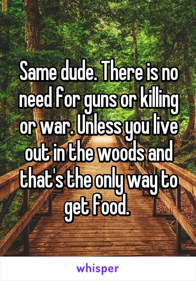 Same dude. There is no need for guns or killing or war. Unless you live out in the woods and that's the only way to get food. 