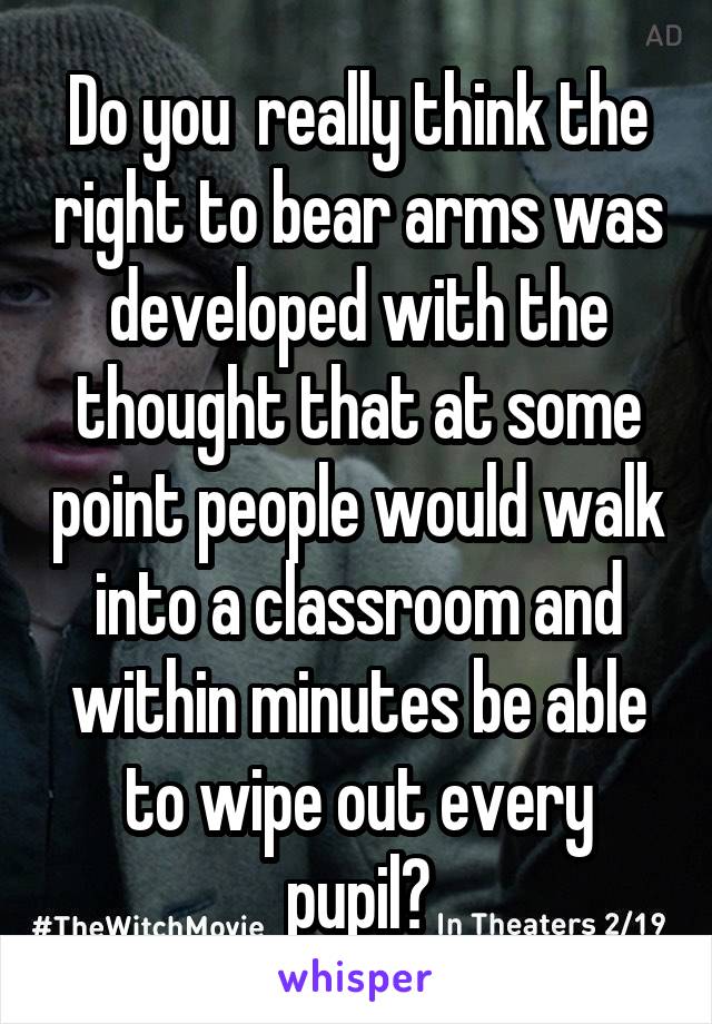 Do you  really think the right to bear arms was developed with the thought that at some point people would walk into a classroom and within minutes be able to wipe out every pupil?