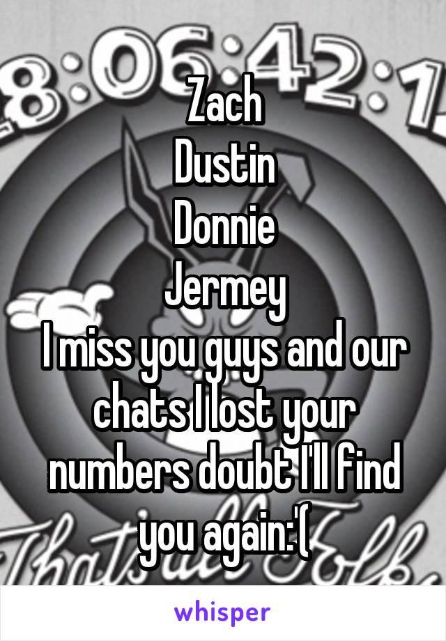Zach
Dustin
Donnie
Jermey
I miss you guys and our chats I lost your numbers doubt I'll find you again:'(