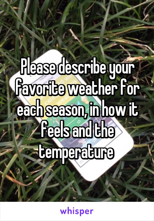 Please describe your favorite weather for each season, in how it feels and the temperature 