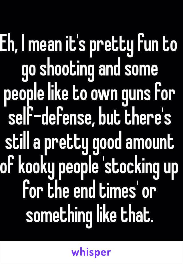 Eh, I mean it's pretty fun to go shooting and some people like to own guns for self-defense, but there's still a pretty good amount of kooky people 'stocking up for the end times' or something like that.