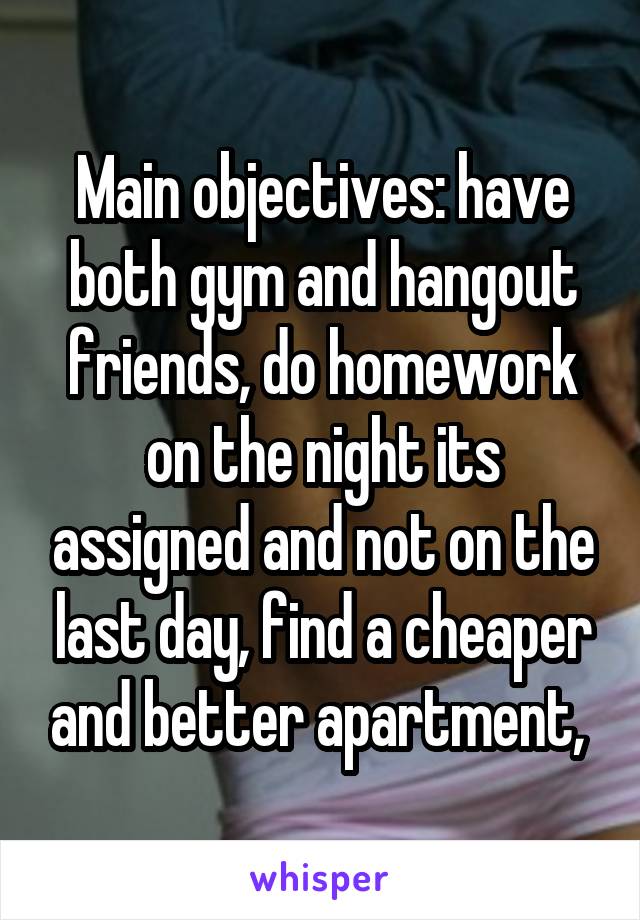 Main objectives: have both gym and hangout friends, do homework on the night its assigned and not on the last day, find a cheaper and better apartment, 