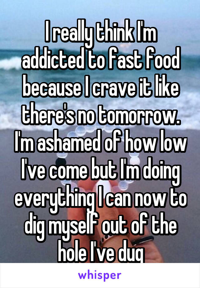I really think I'm addicted to fast food because I crave it like there's no tomorrow. I'm ashamed of how low I've come but I'm doing everything I can now to dig myself out of the hole I've dug