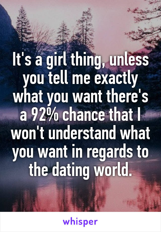It's a girl thing, unless you tell me exactly what you want there's a 92% chance that I won't understand what you want in regards to the dating world.