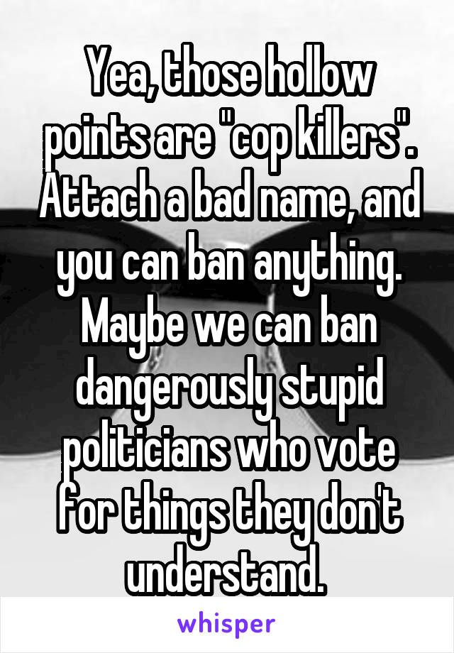 Yea, those hollow points are "cop killers". Attach a bad name, and you can ban anything. Maybe we can ban dangerously stupid politicians who vote for things they don't understand. 