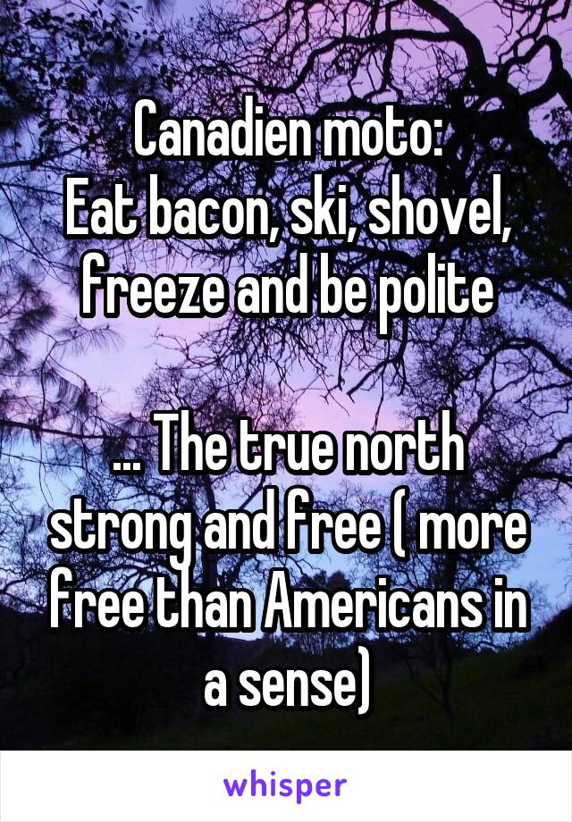 Canadien moto:
Eat bacon, ski, shovel, freeze and be polite

... The true north strong and free ( more free than Americans in a sense)