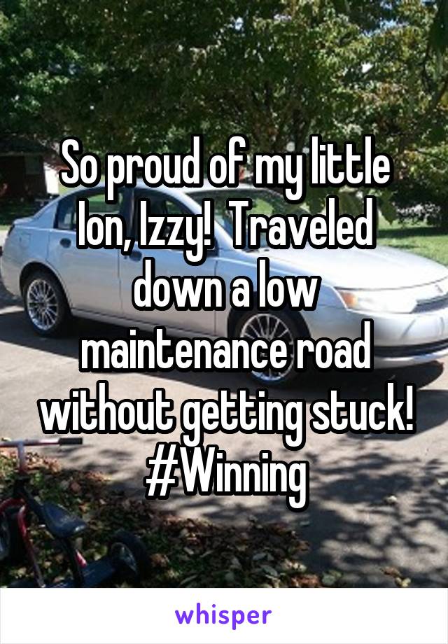 So proud of my little Ion, Izzy!  Traveled down a low maintenance road without getting stuck!
#Winning