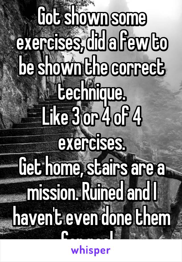 Got shown some exercises, did a few to be shown the correct technique.
Like 3 or 4 of 4 exercises.
Get home, stairs are a mission. Ruined and I haven't even done them for real...