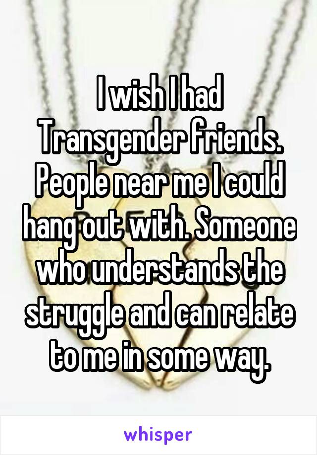 I wish I had Transgender friends. People near me I could hang out with. Someone who understands the struggle and can relate to me in some way.