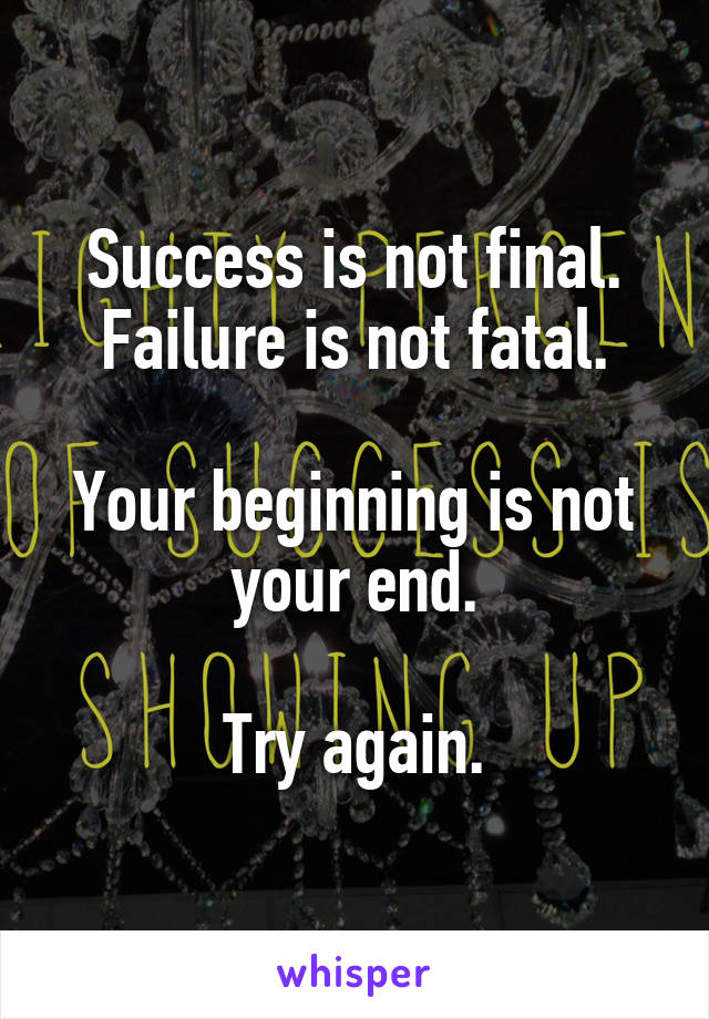 Success is not final.
Failure is not fatal.

Your beginning is not your end.

Try again.