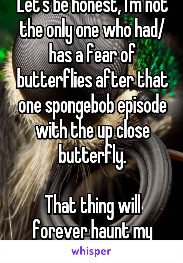 Let's be honest, I'm not the only one who had/ has a fear of butterflies after that one spongebob episode with the up close butterfly.

That thing will forever haunt my dreams.