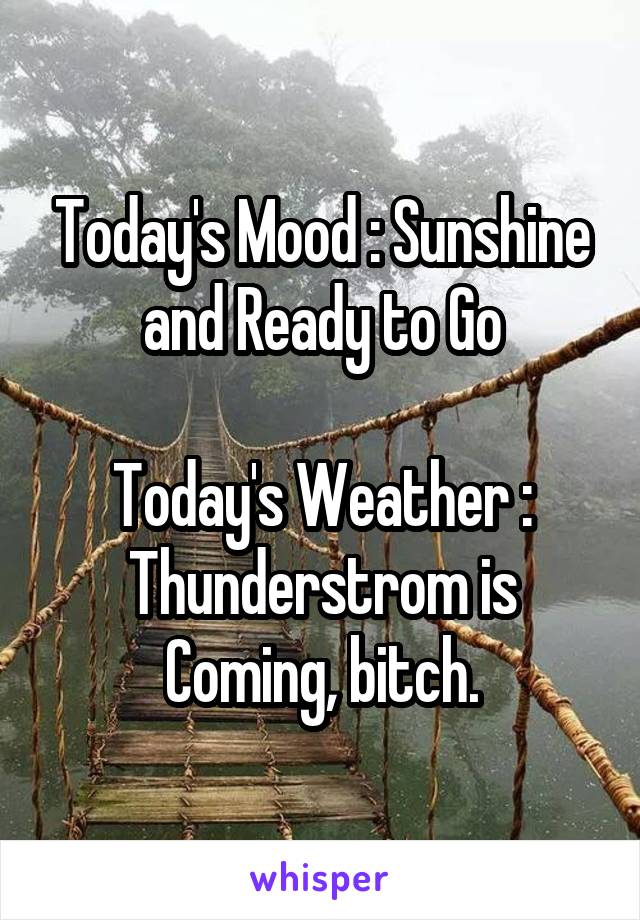 Today's Mood : Sunshine and Ready to Go

Today's Weather : Thunderstrom is Coming, bitch.