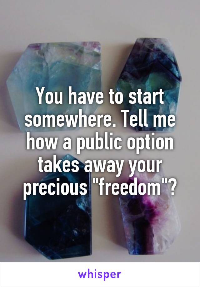 You have to start somewhere. Tell me how a public option takes away your precious "freedom"?