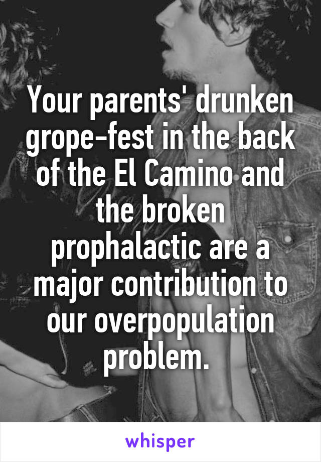 Your parents' drunken grope-fest in the back of the El Camino and the broken prophalactic are a major contribution to our overpopulation problem. 