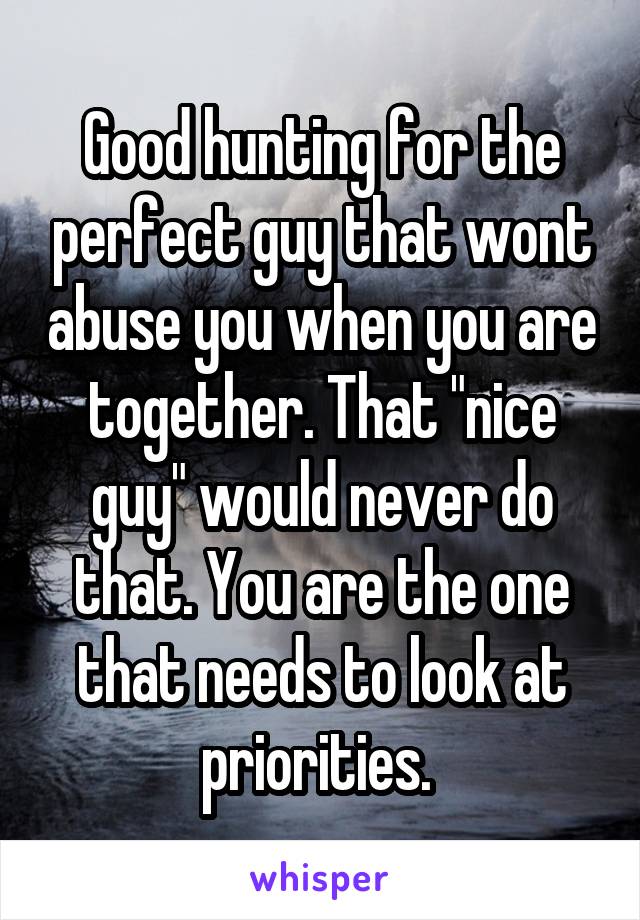 Good hunting for the perfect guy that wont abuse you when you are together. That "nice guy" would never do that. You are the one that needs to look at priorities. 