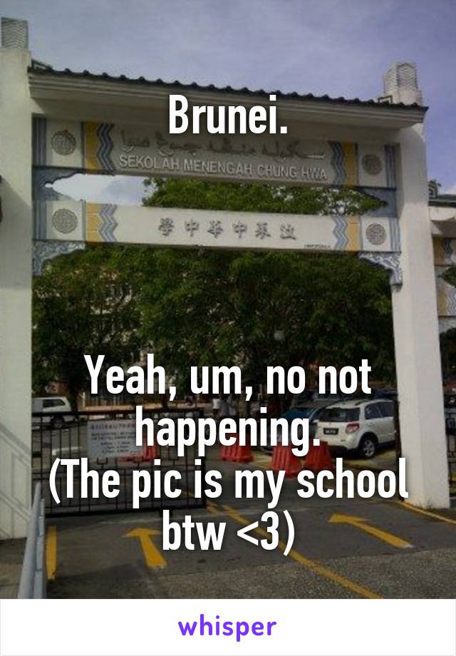 Brunei.




Yeah, um, no not happening.
(The pic is my school btw <3)