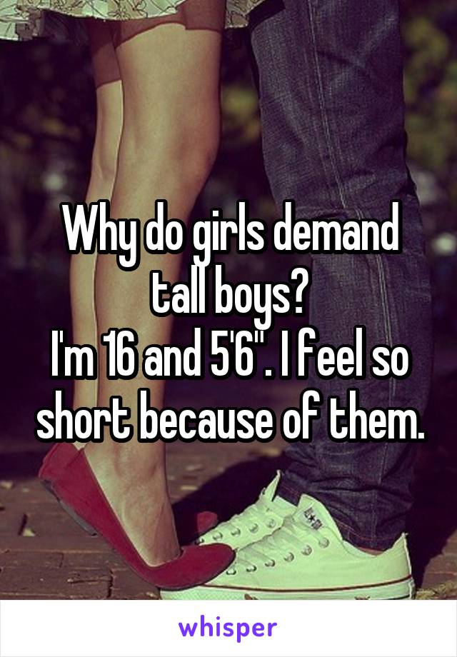 Why do girls demand tall boys?
I'm 16 and 5'6". I feel so short because of them.