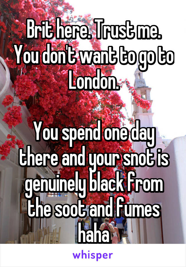 Brit here. Trust me. You don't want to go to London.

You spend one day there and your snot is genuinely black from the soot and fumes haha