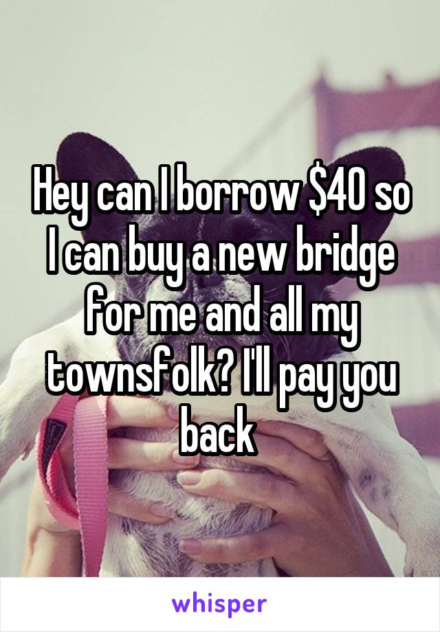 Hey can I borrow $40 so I can buy a new bridge for me and all my townsfolk? I'll pay you back 