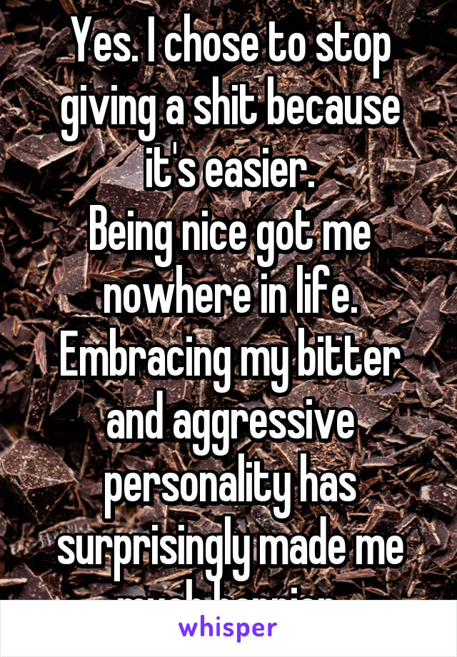 Yes. I chose to stop giving a shit because it's easier.
Being nice got me nowhere in life. Embracing my bitter and aggressive personality has surprisingly made me much happier.