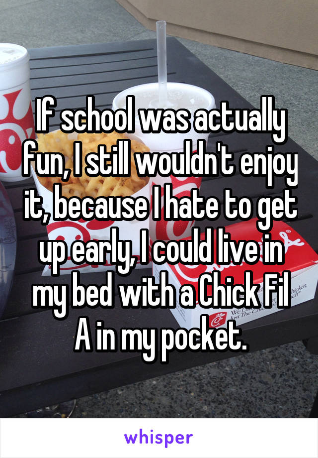 If school was actually fun, I still wouldn't enjoy it, because I hate to get up early, I could live in my bed with a Chick Fil A in my pocket.