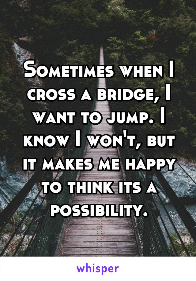 Sometimes when I cross a bridge, I want to jump. I know I won't, but it makes me happy to think its a possibility.