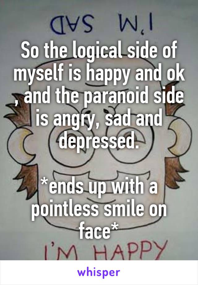 So the logical side of myself is happy and ok , and the paranoid side is angry, sad and depressed.

*ends up with a pointless smile on face*