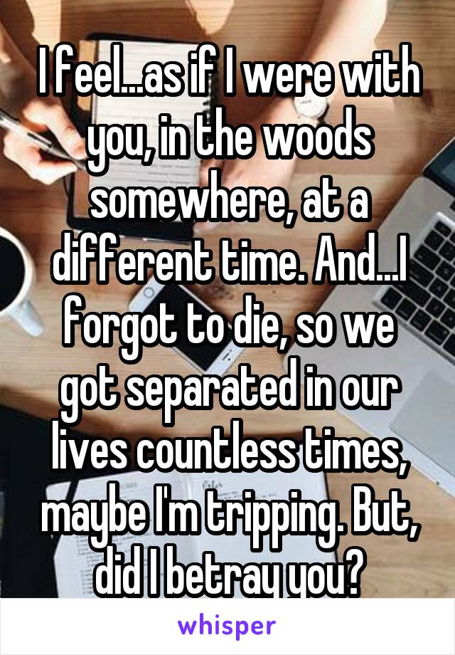 I feel...as if I were with you, in the woods somewhere, at a different time. And...I forgot to die, so we got separated in our lives countless times, maybe I'm tripping. But, did I betray you?