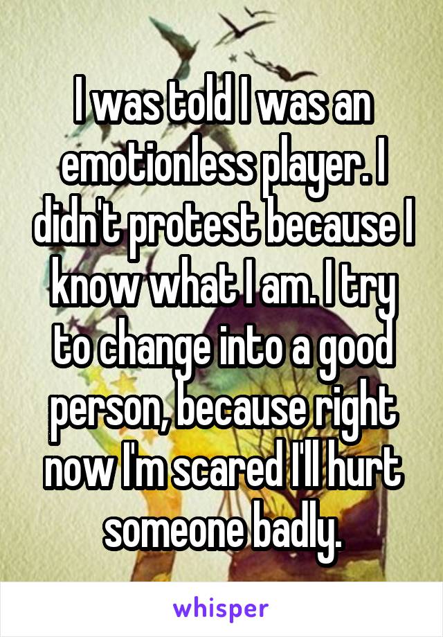 I was told I was an emotionless player. I didn't protest because I know what I am. I try to change into a good person, because right now I'm scared I'll hurt someone badly.